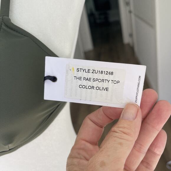 Z Supply Bikini Top Swim Suit Top Olive Green Sporty Paddle Board Back Tie NEW - Picture 3 of 8